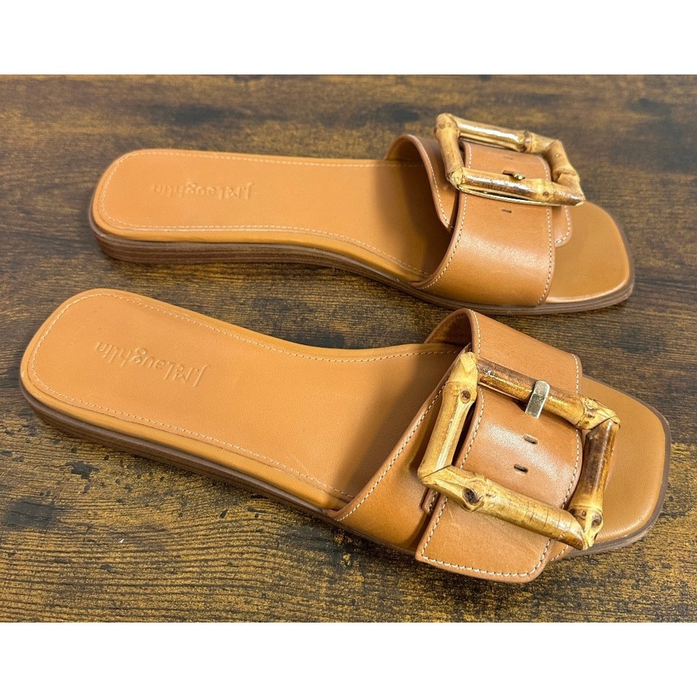 J McLaughlin Leather Slides Womens 8.5 Brown Aurora Bamboo Buckle Sandals Beachy - Picture 11 of 11